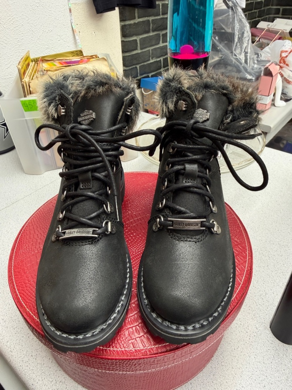 Harley-Davidson Women's Black Faux-Fur Trim Lace-Up Winter Boots